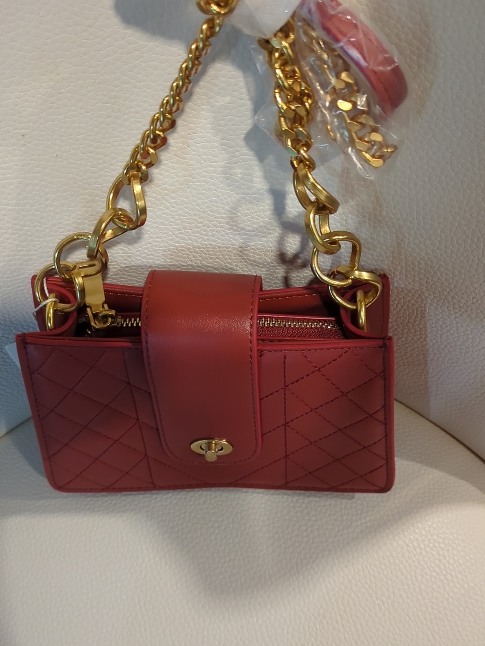 Quilted Crossbody Bag with Gold Chain Strap - Red